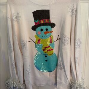 QUEEN OF SPARKLES Snowman Sweater - White and Blue